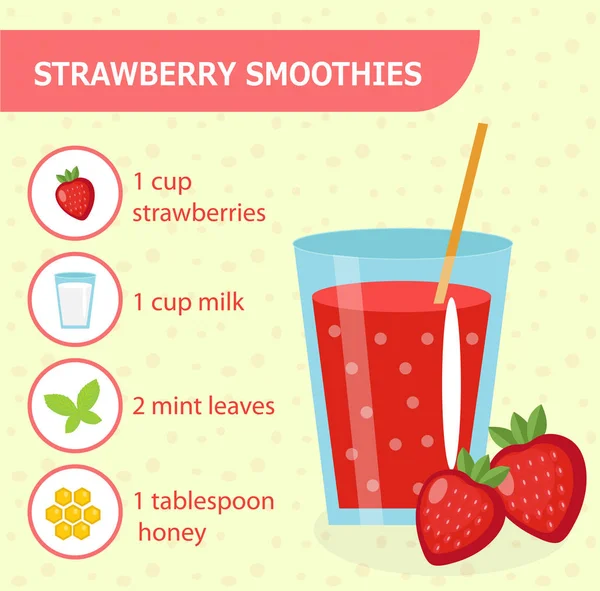 Strawberry smoothie recipe with ingredients. — Stock Vector