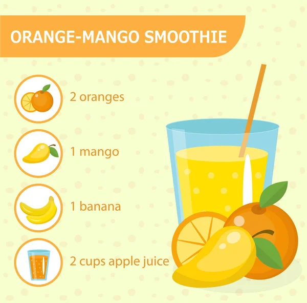 Oranje en mango smoothie recept met ingrediënten. — Stockvector