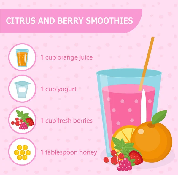 Citrusvruchten en bessen smoothie recept met ingrediënten. — Stockvector