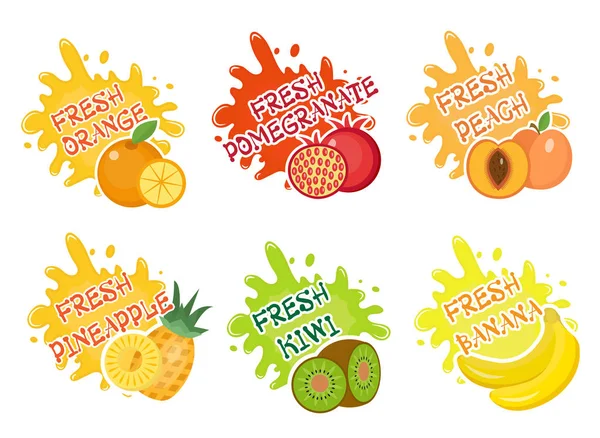 Juego de etiquetas de salpicaduras de frutas. Salpicaduras de fruta, emblema de gotas y colección de manchas. Ilustración vectorial — Vector de stock