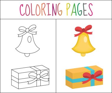 Boyama kitabı sayfası. Noel bell, hediye. Kroki ve renk sürümü. çocuklar için. Vektör çizim
