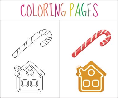 Boyama kitabı sayfası. Noel şeker kamışı ve gingerbread ev. Kroki renk sürümü. çocuklar için. Vektör çizim