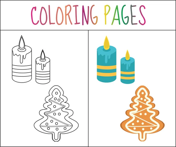 Desenho de livro para colorir. Pão de gengibre de Natal e velas. Versão a cores do esboço. para crianças. Ilustração vetorial —  Vetores de Stock