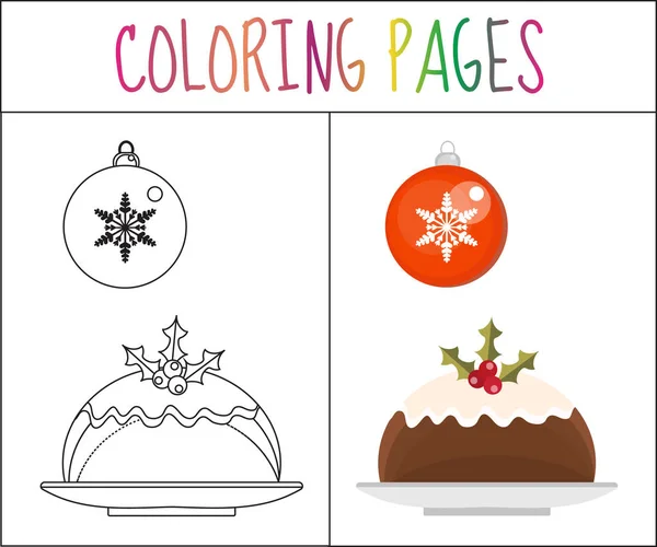 Malbuchseite. Weihnachtspudding und ein Ball. Skizze Farbversion. für Kinder. Vektorillustration — Stockvektor
