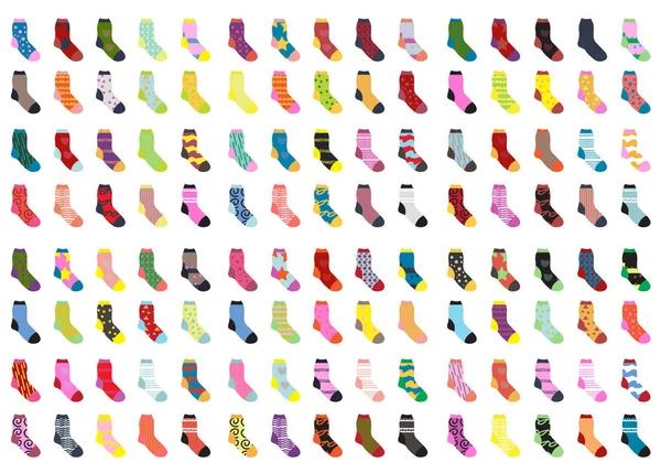 Socken mit großen Symbolen. Socken Kollektion, flaches Design. Socken isoliert auf weißem Hintergrund. Warme Wollsocken mit niedlichen Mustern. Wintersocken. Vektorillustration — Stockvektor