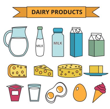 Süt ve süt ürünleri Icon set. Çağdaş, çizgi, anahat stili. Süt beyaz arka plan üzerinde izole. ve peynir koleksiyonu. Çiftlik gıdalar. Vektör çizim