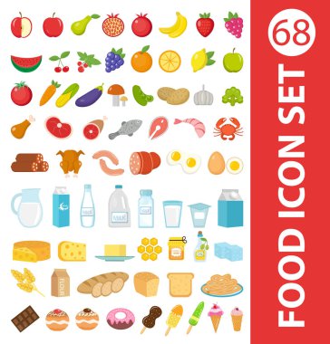 Büyük gıda Icons set, stil düz. Meyve, sebze, et, balık, ekmek, süt, tatlı. Beyaz arka plan üzerinde izole. Malzemeler koleksiyonu. Vektör çizim