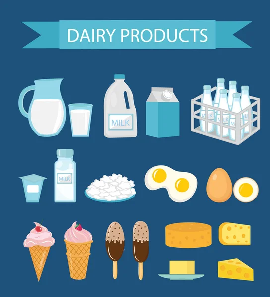 Dairy products icon set, flat style. Milk and Cheese collection. Farm foods. Vector illustration — Stock Vector