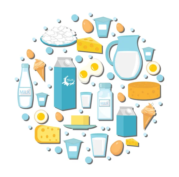 Tejtermékek ikon készlet, kör alakú. Lapos stílusú. elszigetelt fehér background. Tej és a sajt gyűjtemény. Farm foods. Vektoros illusztráció — Stock Vector