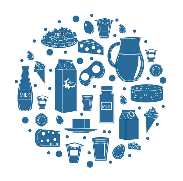 Иконка молочных продуктов круглой формы. Плоский стиль. изолированы на белом фоне. Коллекция молока и сыра. Фермерские продукты. Векторная иллюстрация
