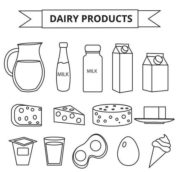 Набор иконок молочных продуктов. Современный, линейный, очерченный стиль. Молоко изолировано на белом фоне. и коллекция сыра. Фермерские продукты. Векторная иллюстрация
