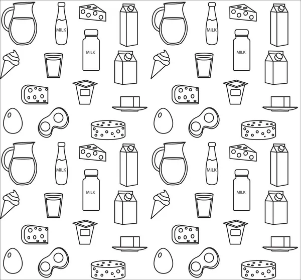 Patrón sin costura del producto lácteo. Estilo moderno, línea, contorno. Fondo de productos lácteos. y textura de queso. Farm Foods telón de fondo sin fin. Ilustración vectorial — Archivo Imágenes Vectoriales