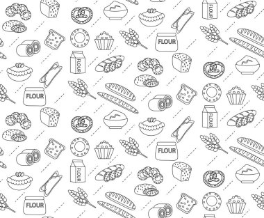 Fırın seamless modeli. Satır, anahat, stil doodle. Ekmek ve buns doku. Un ürünleri sonsuz arka plan. pasta zemin. Vektör çizim