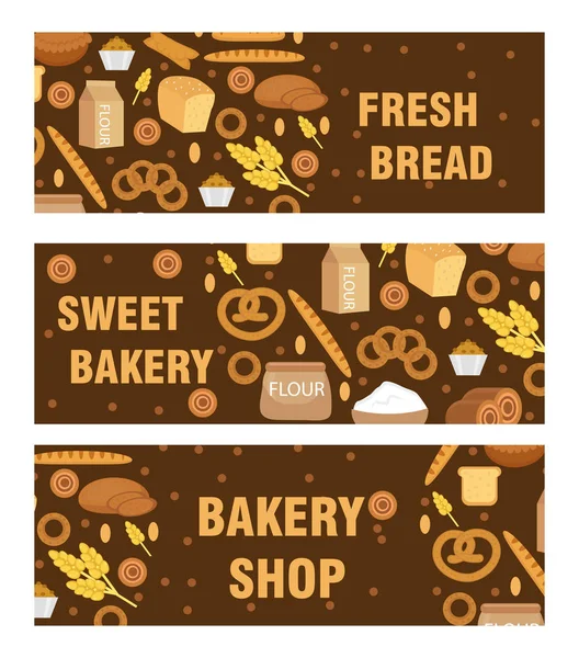 ベーカリー製品のバナー、フラット スタイル。別のパンとペストリー水平な板のセットです。碑文の新鮮なパン、ショップ、甘い。ベクトル図 — ストックベクタ
