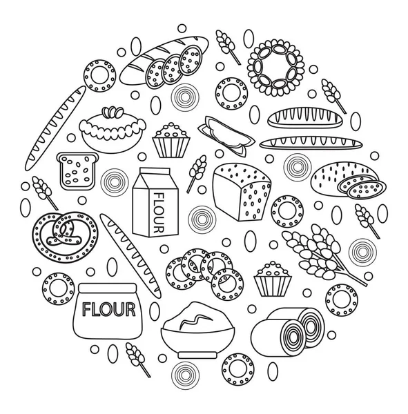 Piekarnia produktów ikona w okrągły kształt, linia, konspekt, doodle stylu. różnych chleba i ciasta na białym tle. Mąki. Ilustracja wektorowa — Wektor stockowy