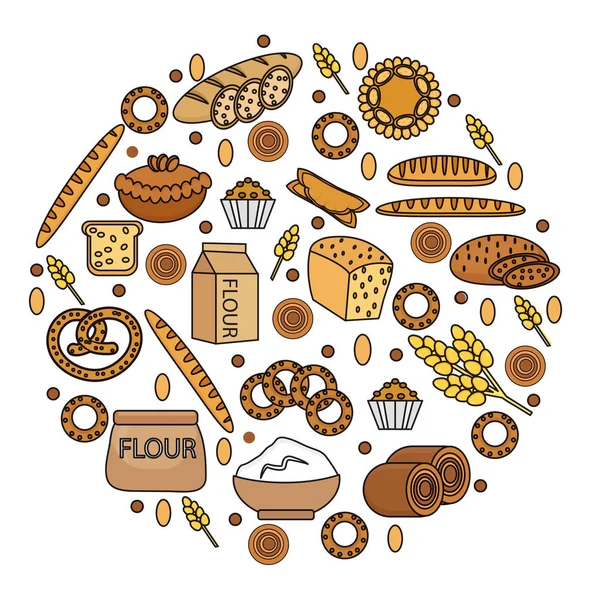Ícone de produtos de padaria definido em uma forma redonda, linha, contorno, estilo doodle. de diferentes pães e pastelaria isolados sobre fundo branco. Farinha. Ilustração vetorial — Vetor de Stock