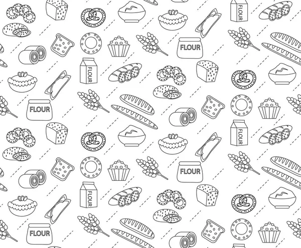 Bakkerij naadloze patroon. Lijn, schetsen, doodle stijl. Brood en broodjes textuur. Meel producten eindeloze achtergrond. gebak achtergrond. Vectorillustratie — Stockvector