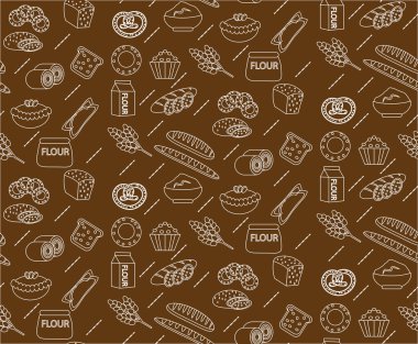 Fırın seamless modeli. Satır, anahat, stil doodle. Ekmek ve buns doku. Un ürünleri sonsuz arka plan. pasta zemin. Vektör çizim