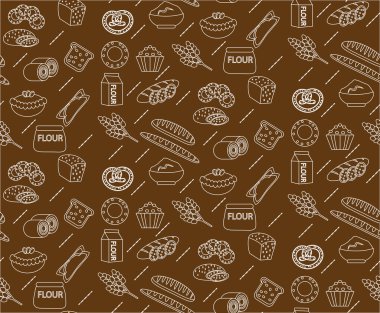 Bakery seamless pattern. Line, outline, doodle style. Bread and buns texture. Flour products endless background.   pastry backdrop. Vector illustration clipart