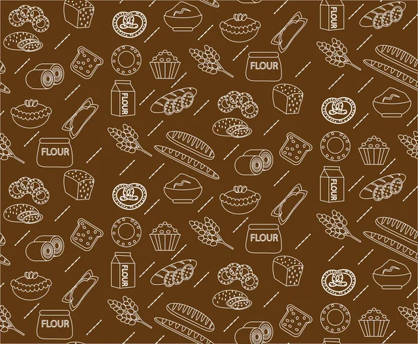 Bakkerij naadloze patroon. Lijn, schetsen, doodle stijl. Brood en broodjes textuur. Meel producten eindeloze achtergrond. gebak achtergrond. Vectorillustratie — Stockvector