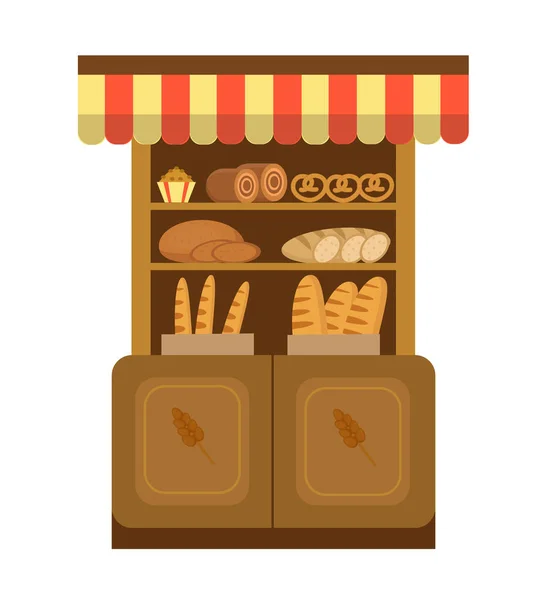 Prateleira da padaria. Baking Showcases ícone. Pão no, estilo plano. e pastelarias no supermercado. Ilustração vetorial —  Vetores de Stock