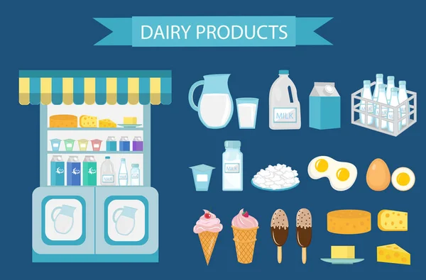Γάλα προϊόντα σύνολο εικονιδίων, επίπεδη στυλ. απομονωμένα σε λευκό φόντο. και τυρί βιτρίνα, κατάστημα ράφι. Αγρόκτημα τρόφιμα. Εικονογράφηση διάνυσμα — Διανυσματικό Αρχείο