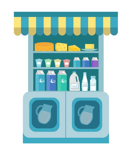 Vetrina dei prodotti lattiero-caseari, scaffale per latticini nel negozio. Supermercato, dipartimento. Formaggio e. Illustrazione vettoriale — Vettoriale Stock