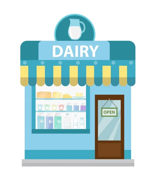 Shop with dairy products.   building icon. Milk  flat style. Showcases stores on the street. Vector illustration — Stock Vector