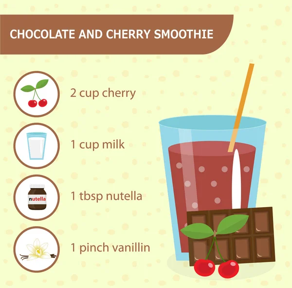 Chocolate and cherry smoothie recipe with ingredients. Detox . Organic raw Shake, healthy drinks. Vector illustration. — Stock Vector