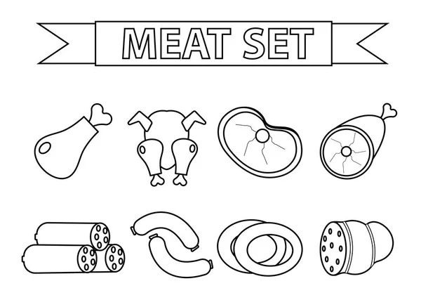 Fleisch- und Wurstsymbole gesetzt, moderner Linienstil. isoliert auf weißem Hintergrund. Produkte, Lebensmittel. Vektorillustration — Stockvektor