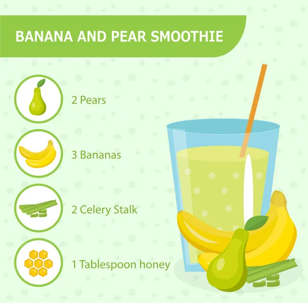 Banana and pear smoothie recipe with ingredients. Smoothies, milkshake . Healthy . Detox . Organic raw Shake, drinks. diet. Vector illustration. — Stock Illustration Banana and pear smoothie recipe with ingredients. Smoothies, milkshake . Healthy . Detox . Organic raw Shake, drinks. diet. Vector illustration. Stock Illustration
