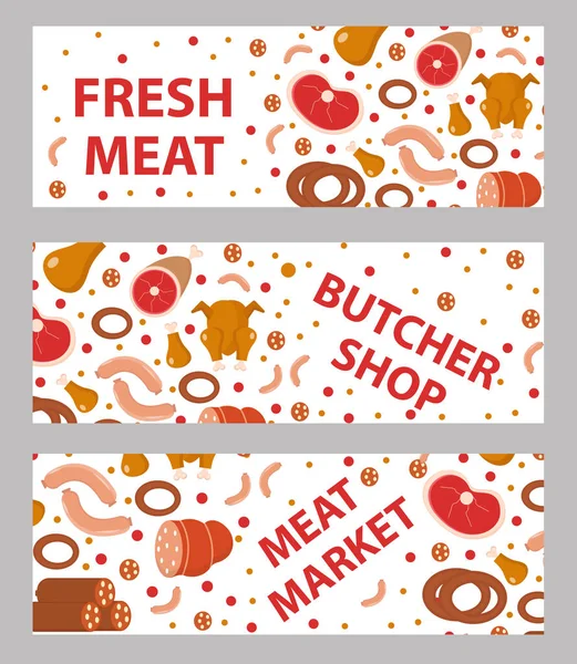 Set banner carne e salsicce, stile piatto . — Vettoriale Stock
