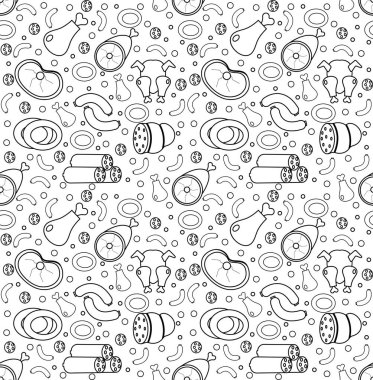 Et ürünleri seamless modeli, çağdaş çizgi, doodle, stil kroki. Et ve sosis sonsuz arka plan, doku. Vektör çizim