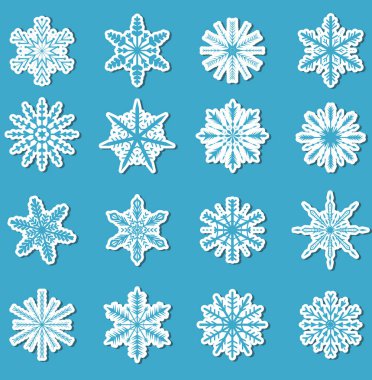Kar taneleri etiket kümesi. Kar tanesi çıkartmaları tasarımınız için. Vektör çizim