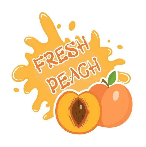 Frisches Pfirsich-Splash-Symbol, Logo, Aufkleber. Obst spritzt vereinzelt auf weißem Hintergrund. Vektorillustration. — Stockvektor