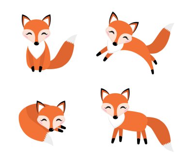 Şirin fox düz stil ayarlayın. Uyku, atlama, oturan farklı teşkil etmektedir, Foxy. Karakter, maskot. Vektör çizim.