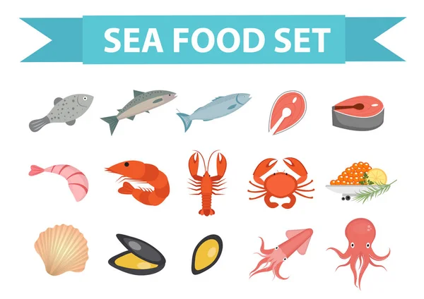 Ícones de frutos do mar conjunto vetor, estilo plano. Coleta de alimentos do mar isolado em fundo branco. Ilustração de produtos de peixe, elemento de design. —  Vetores de Stock