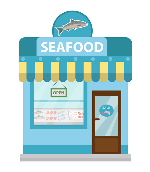 Seafood shop building, showcase vector icon flat style. Fish market isolated on white background. Sea products store.