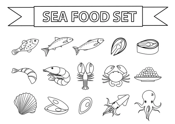 Iconos de comida marina establecen vector. Moderno, de línea, estilo garabato. Colección de mariscos aislados sobre fondo blanco. Productos de pescado ilustración, elemento de diseño. — Vector de stock