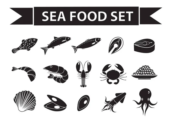 Іконки морської їжі встановлюють вектор, силует, стиль тіней. Колекція морепродуктів ізольована на білому тлі. Рибні вироби ілюстрація, елемент дизайну . — стоковий вектор