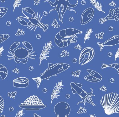 Deniz ürünleri seamless modeli. Balık yemek sonsuz arka plan, doku. El çizimi, kroki, çizgi, doodle tarzı. Vektör çizim.