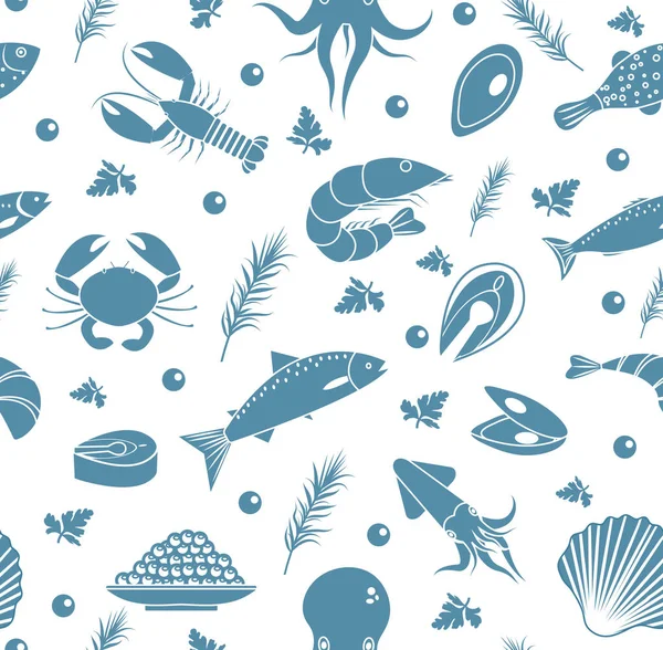 Padrão sem emenda de frutos do mar. Peixe comida fundo sem fim, textura. Subaquático, fundo da vida marinha. Ilustração vetorial. — Vetor de Stock
