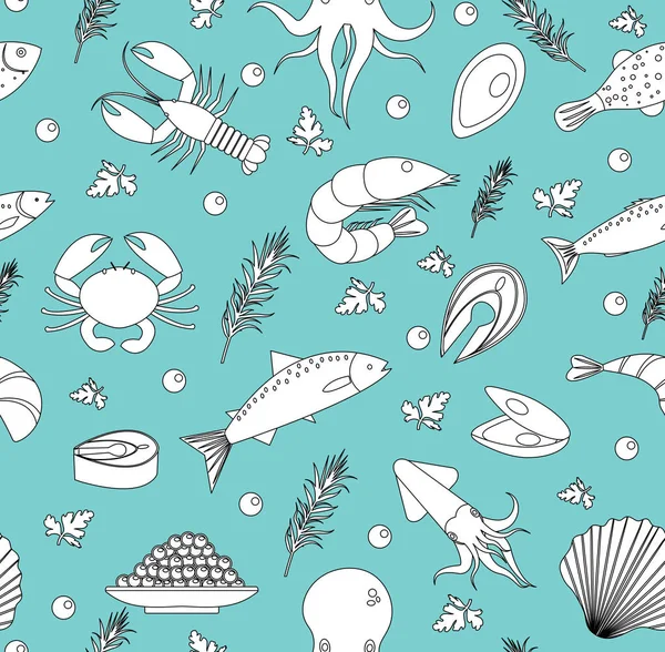 Sea life sömlösa mönster. Underwater oändliga bakgrund, textur. Hand ritning, skiss, linje, doodle stil. Vektorillustration — Stock vektor