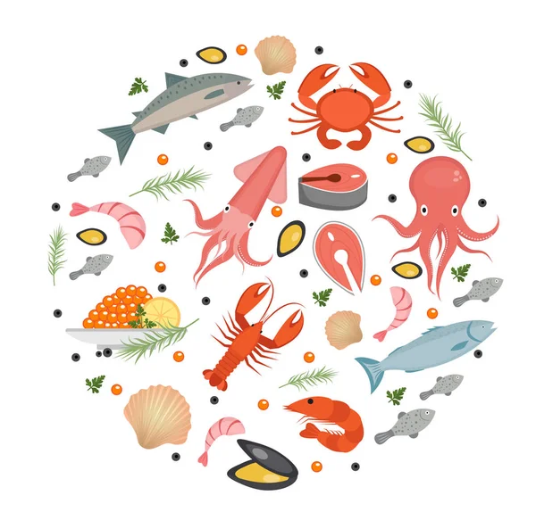 Seafood icons set in round shape, flat style. Sea food collection isolated on white background. Fish products, marine meal design element. Vector illustration. — Stock Vector