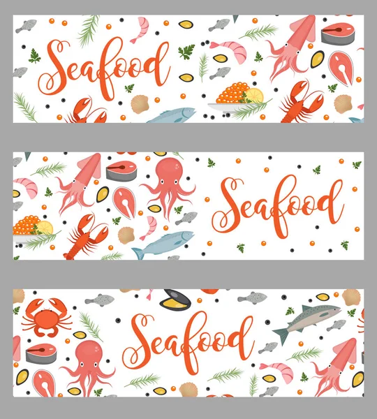Sea food horizontal banner, flat style. Templat makanan laut untuk desain Anda. Dunia bawah air, kehidupan. Ilustrasi vektor . - Stok Vektor