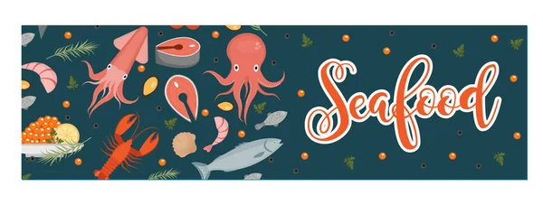 Banner horizontal de comida do mar, estilo plano. Modelo de frutos do mar para o seu projeto. Mundo subaquático, vida. Ilustração vetorial . — Vetor de Stock