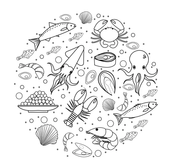 Значки с морепродуктами круглой формы, линии, эскиза, в стиле каракулей. Коллекция морепродуктов выделена на белом фоне. Рыбная продукция, элементы дизайна морской еды. Векторная иллюстрация. — стоковый вектор
