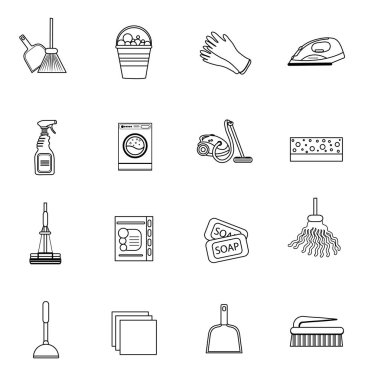 Temizleme Icons set, çağdaş çizgi, kroki, doodle tarzı. Beyaz arka plan üzerinde izole. Vektör çizim