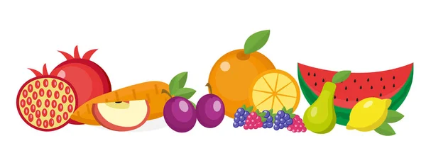 Frutas ainda vida set, isolado em fundo branco. Banner horizontal de fruto.Ilustração vetorial. —  Vetores de Stock