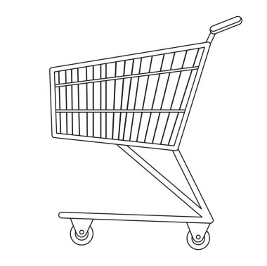 Alışveriş arabaları simgesi, çizgi, kroki, doodle tarzı. Beyaz arka plan üzerinde izole bir süpermarkette alışveriş için metal el arabalar. Sembol, işareti. Vektör çizim